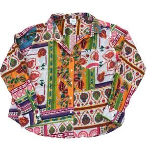 Sigrid Olsen Sheer Floral 100% Cotton Top LARGE Colorful Artsy Tropical Coastal